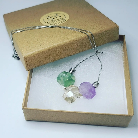 Faceted Amethyst, Smokey Quartz and Prehnite Stainless Steel chain necklace - Picture 3 of 4